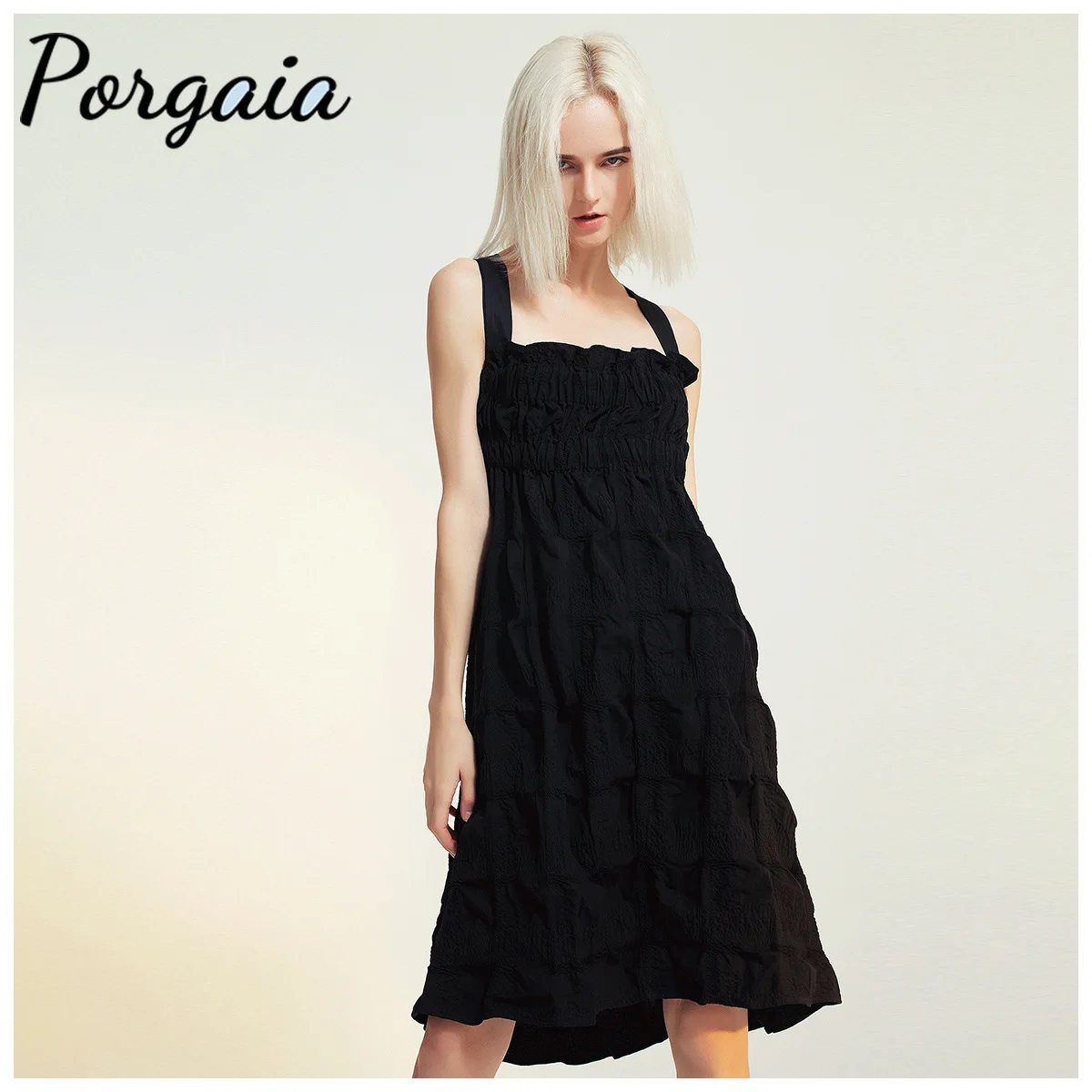 

Porgaia Dark Look Blackless Design Back Halter Spaghetti Strap Draped Sleeveless Solid A-Line Vintage Dress Vintage Dress