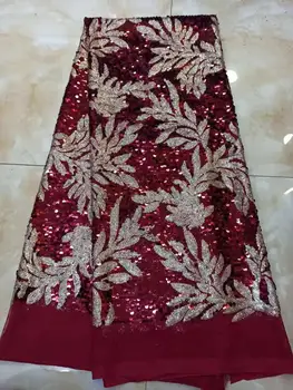 

2019 Wholesale luxury quality African chiffon lace fabric with sequins 5 yards emerald green sequins lace fabric YYZ213