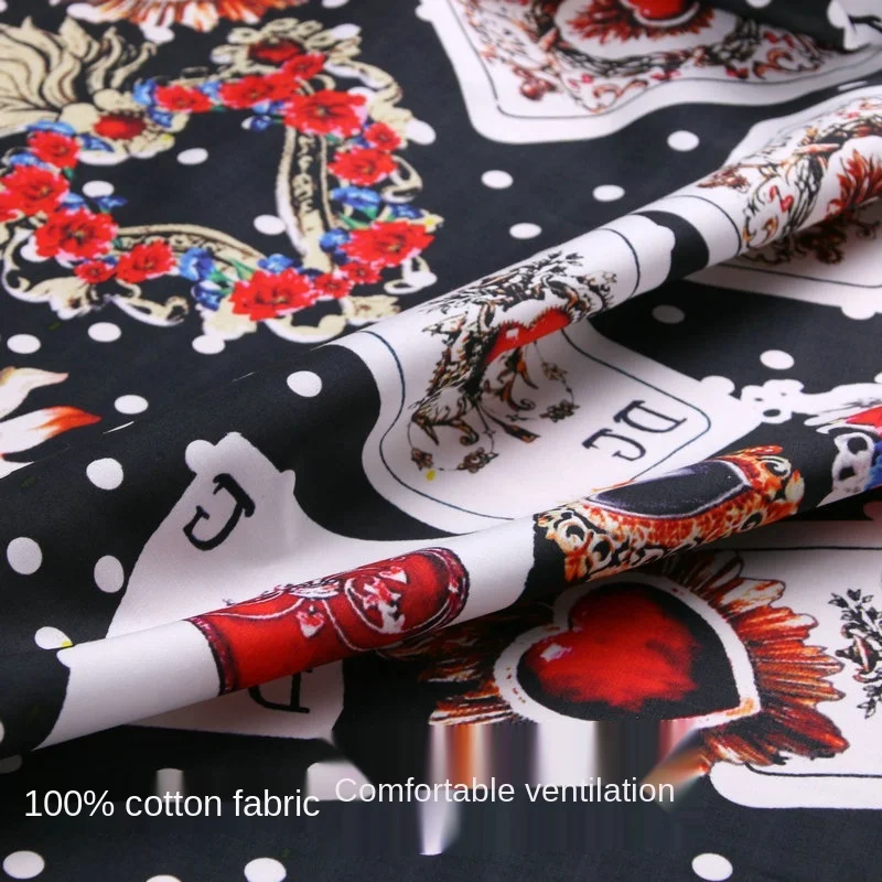 Natural Cotton Black Playing Card Printed Fabric Cloth Brand Fashion Design Parent-child Diy Sewing Fabrics for Dress Material