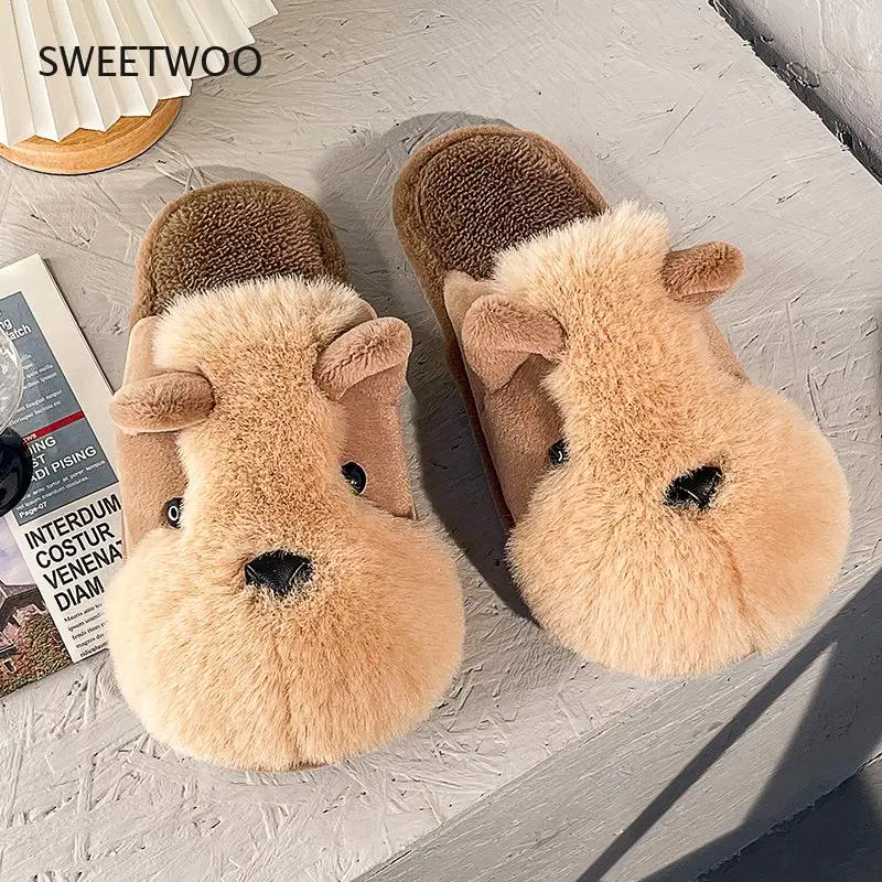 Men Women Fur House Slippers Cotton Warm Shoes Cute Lovely Cartoon Dog Indoor Bedroom Furry Winter Slippers Pair