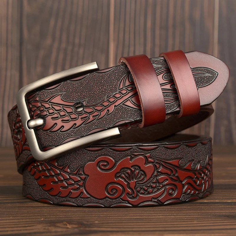 Genuine Leather Men Belt Designer Dragon V Buckle Cowboy Luxury