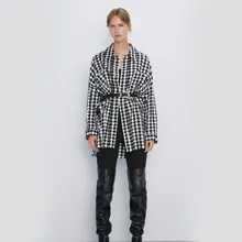 Модные офисные женские элегантные клетчатые пальто ZA женские новые осенние зимние модные повседневные свободные красивые вечерние пальто с отложным воротником