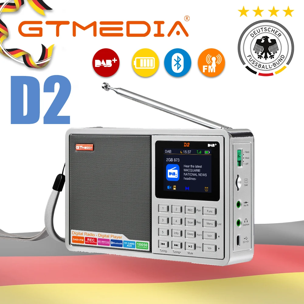 

GTMEDIA D2 Portable Radio FM DAB stereo/ RDS Multi Band Radio Speaker with LCD Display Alarm Clock Support Micro SD TF Card