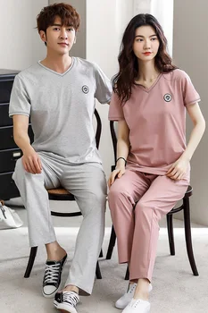 

Couple's sleep wear soft thin knitted cotton plus size short sleeve t-shirt and pant sport women's pajama set men's home wear