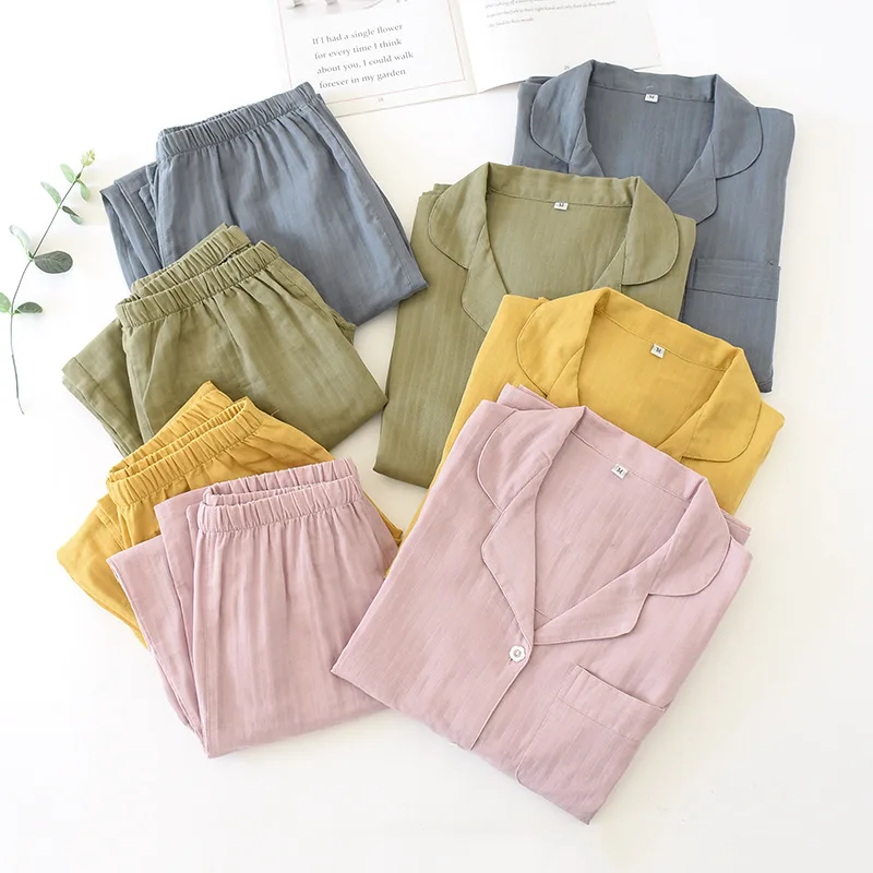 Весенне осенний пижамный комплект из чистого хлопка и газа тонкий размер плюс с