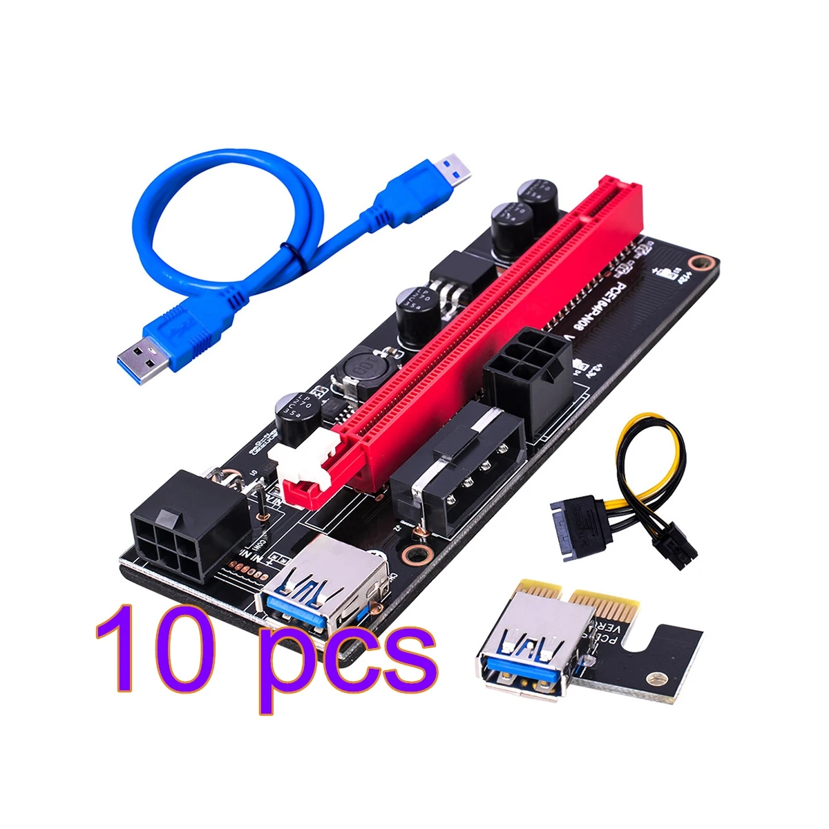 10pcs PCI-E Riser Board 1X to 16X GPU Extender Riser Card PCI-E USB 3.0 GPU Adapter with 6pin Interface Blue