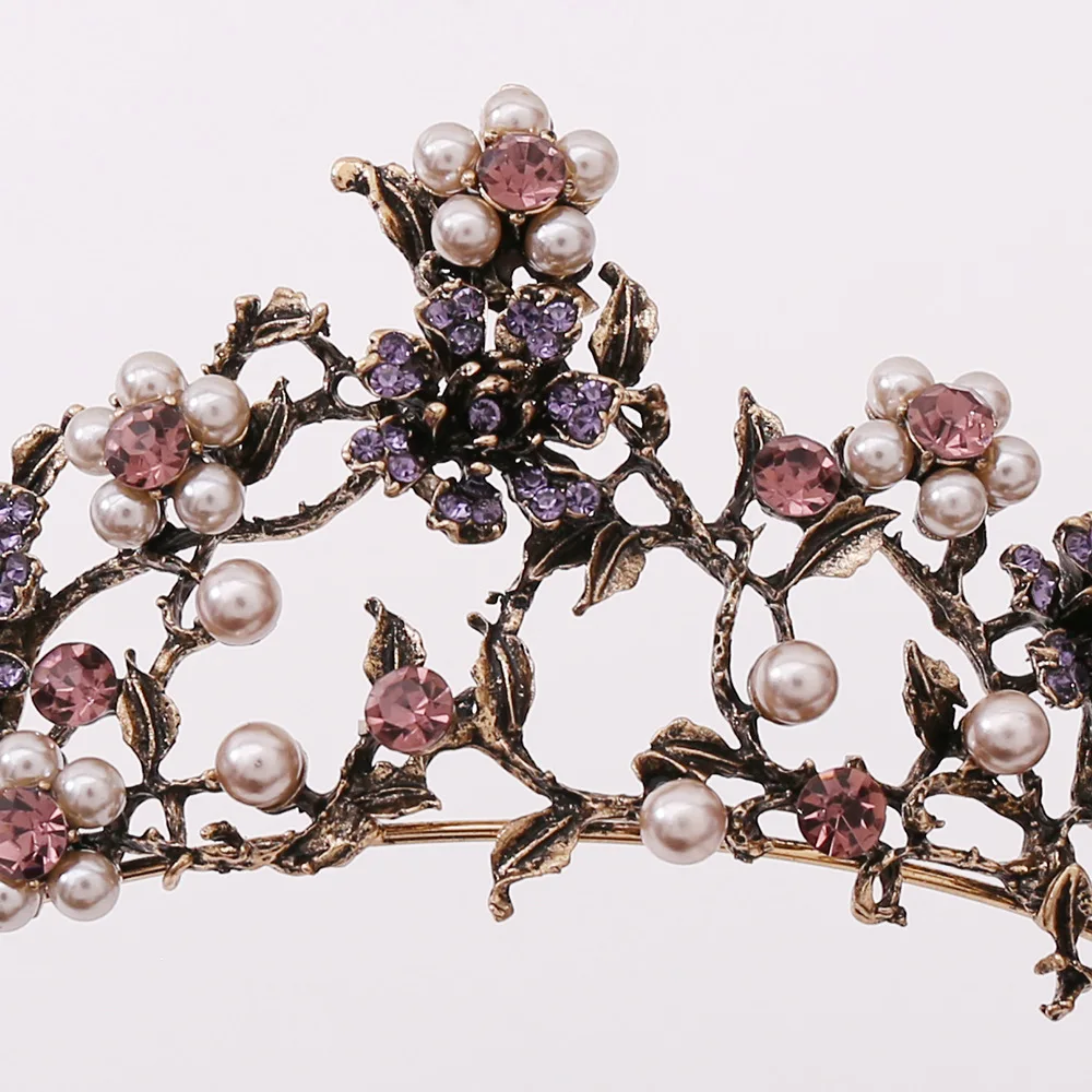 Baroque Vintage Black Purple Crystal Flower Pearls Bridal Crown Rhinestone Pageant Diadem Veil Tiaras Wedding Hair Accessories