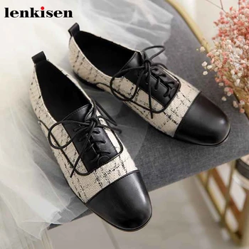 

Lenkisen classic cow leather patchwork shoes fashion young lady mixed colors round toe low heels women spring lace up pumps L33