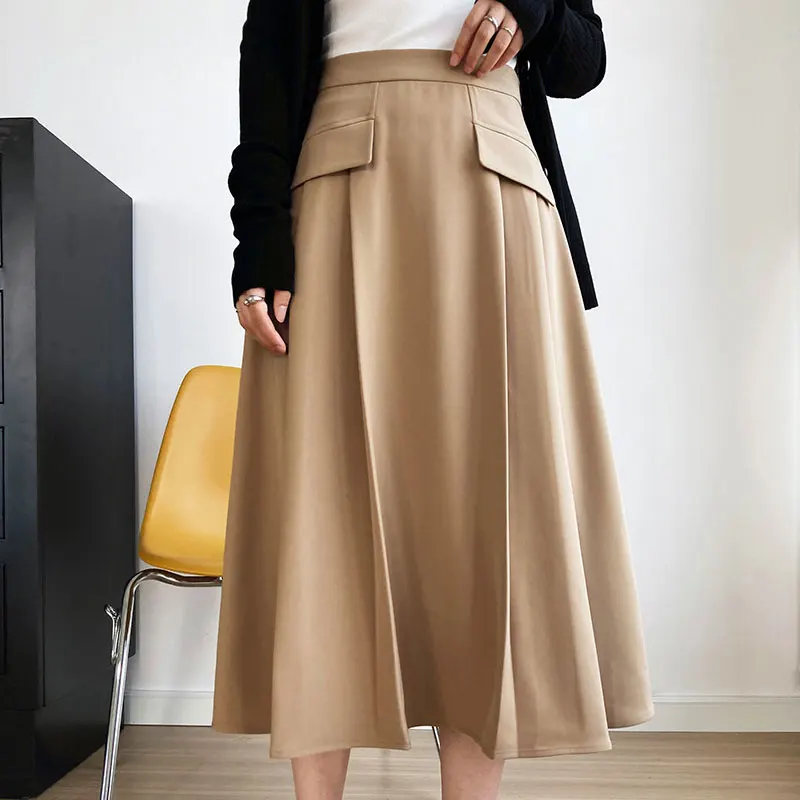 

2021 Autumn Women Skirts Vintage High Waist Elegant A-Line Skirts Women Solid Khaki Skirt Jupe Femme Saia Falda Mujer Streetwear