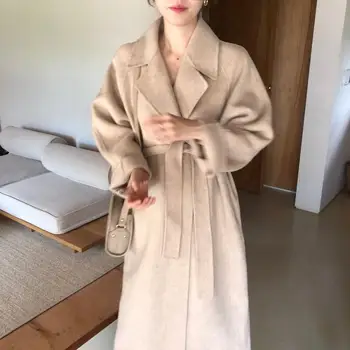 

2019 Women Korean With Belt Loose Winter Wool Blend Coat Cardigan Coat Overcoat Female Long Sleeve Long Jacket Coat