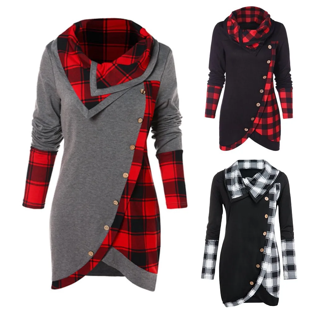 

Long Sleeve Shirts Plaid Turtleneck Tartan Tunic Pullovers Autumn Winter Female Tops Patchwork Long Length Shirts##4##4