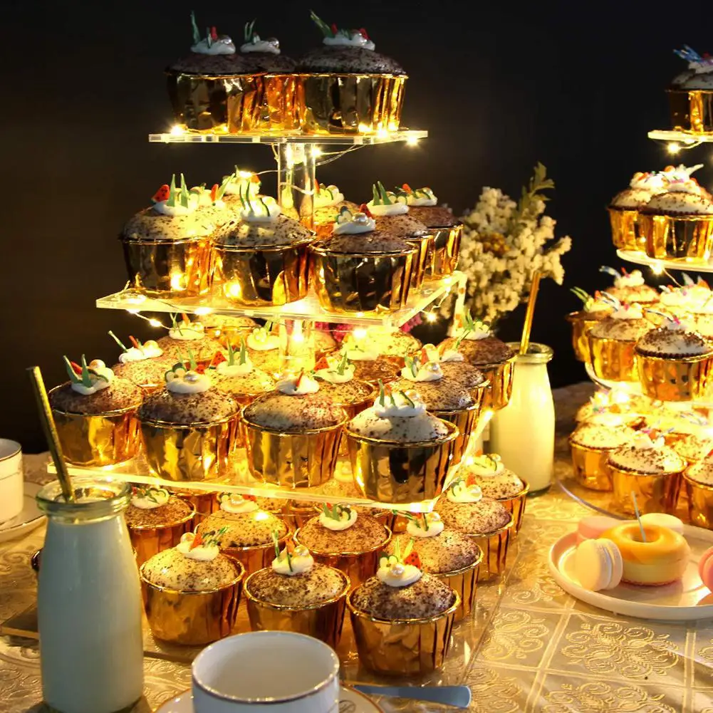 

TWISTER.CK 4 Tier Thickened Square Acrylic Cupcake Display Stand LED String Lights Dessert Tree Tower for Birthday/Wedding Party