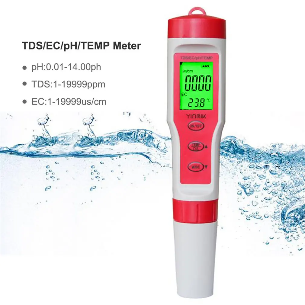 Портативный цифровой 4 в 1 PH/TDS/EC/TEMP Измеритель Качества воды тестер чистоты ручка Фильтр измерения с подсветкой