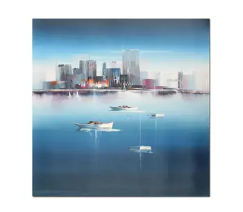 

Muzagroo Art Handpainted Calm Harbour Oil Paintings on Canvas Wall Art for Living Room Blue Art for Bedroom Bathroom Wall Decor