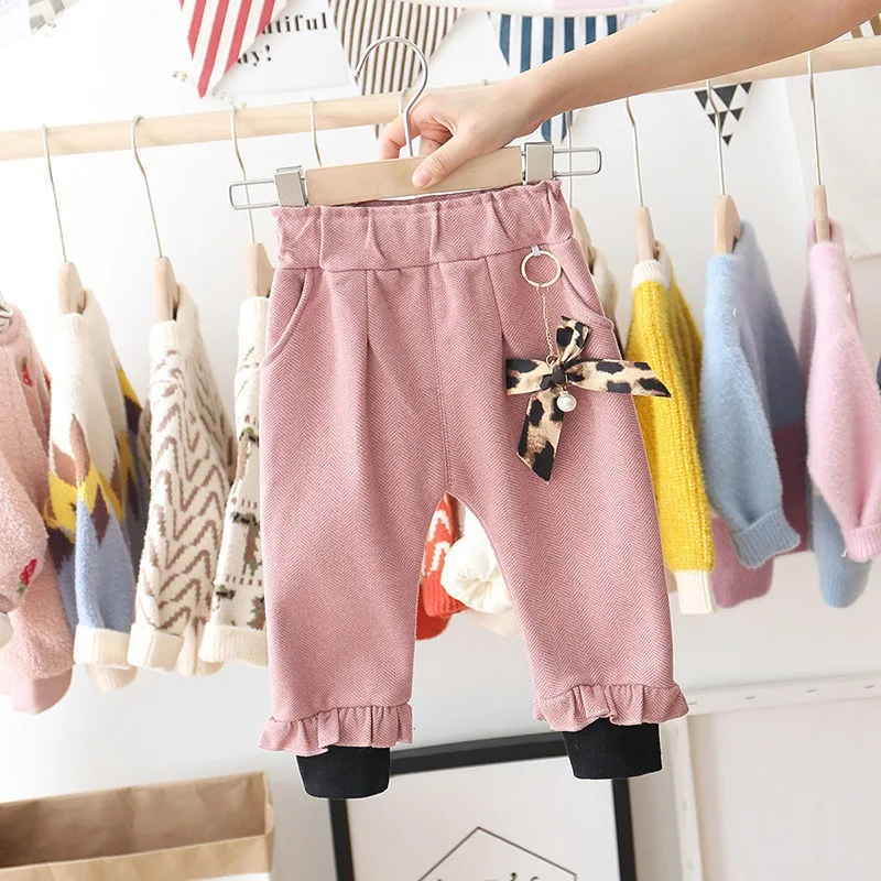 Warm Winter Baby Girls Kids Velvet Ruffles Harem Pants Leopard Bow Trousers Infants Children Princess Thicken Long Pant S10024 - Цвет: Light Pink