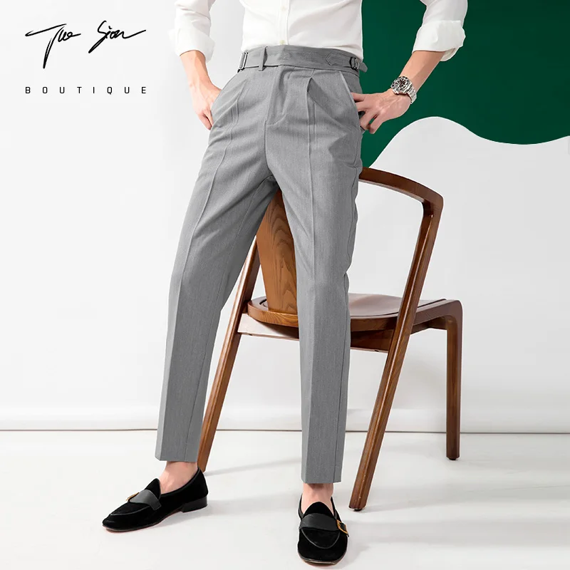 Pantalones de traje Retro británico para hombre, pantalón Formal de oficina, de cintura media alta, con botones, estilo informal, para negocios, Otoño e Invierno