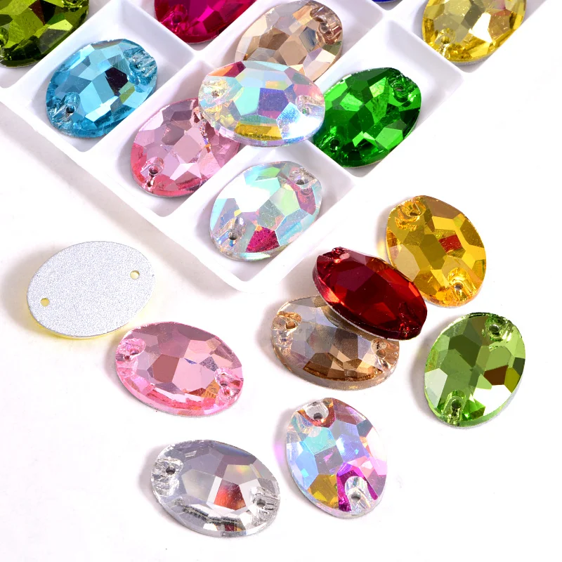 

Hot! Crystal AB Glass Sew On Rhinestone Flatback Clear Sew-on Rhinestone With Holes Jet Oval For Sewing Wedding Dress B0280