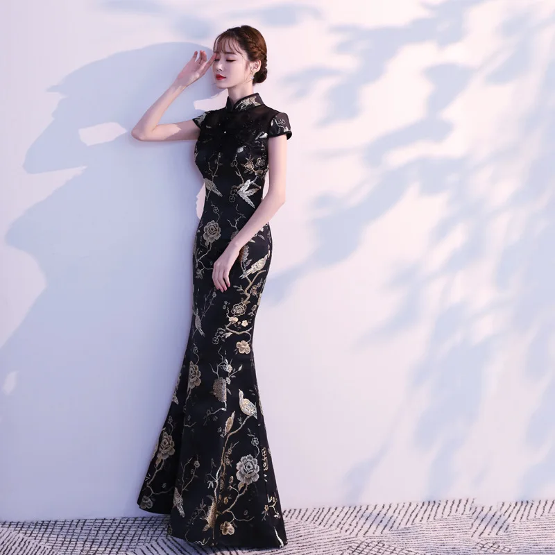 Bridesmaid dress Fashion black Qipao Long Party Cheongsam Oriental Women's Slim Dress Chinese Style Lady sexy Seductive dress