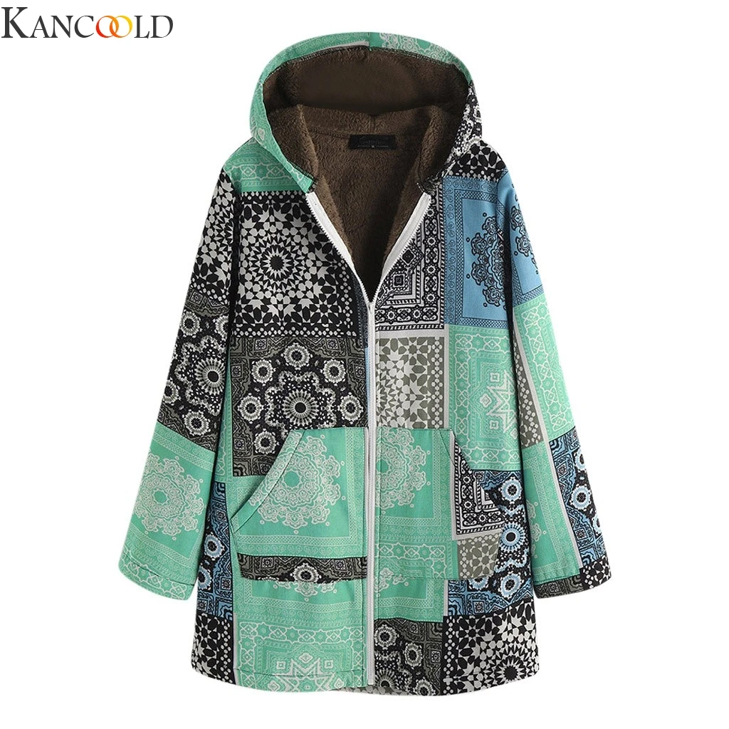 KANCOOLD размера плюс, винтажная Женская куртка, флисовое пальто, зимняя теплая верхняя одежда, Ретро стиль, с этническим принтом, с капюшоном, с карманами, больше размера, длинные пальто