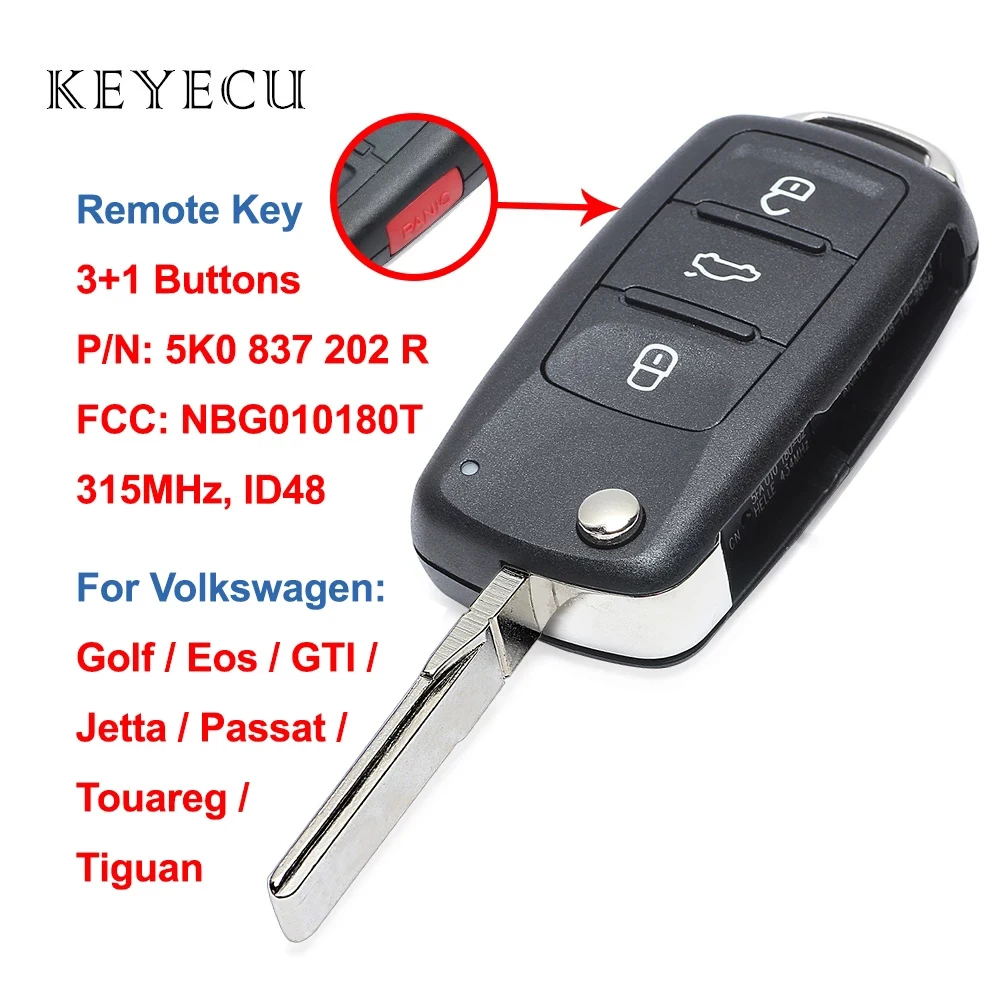 KEYECU REMOTE KEY 3+1 BUTTONS 315MHZ ID48 FOR VOLKSWAGEN VW GOLF EOS GTI JETTA PASSAT TOUAREG TIGUAN CC 5K0837202R NBG010180T