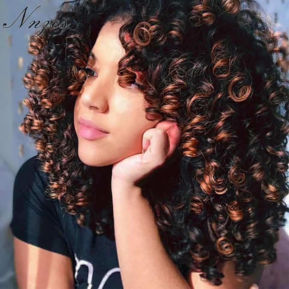 NNZES-peluca Afro rizada para mujeres negras, pelo sintético corto con flequillo, color negro y marrón, 14 pulgadas