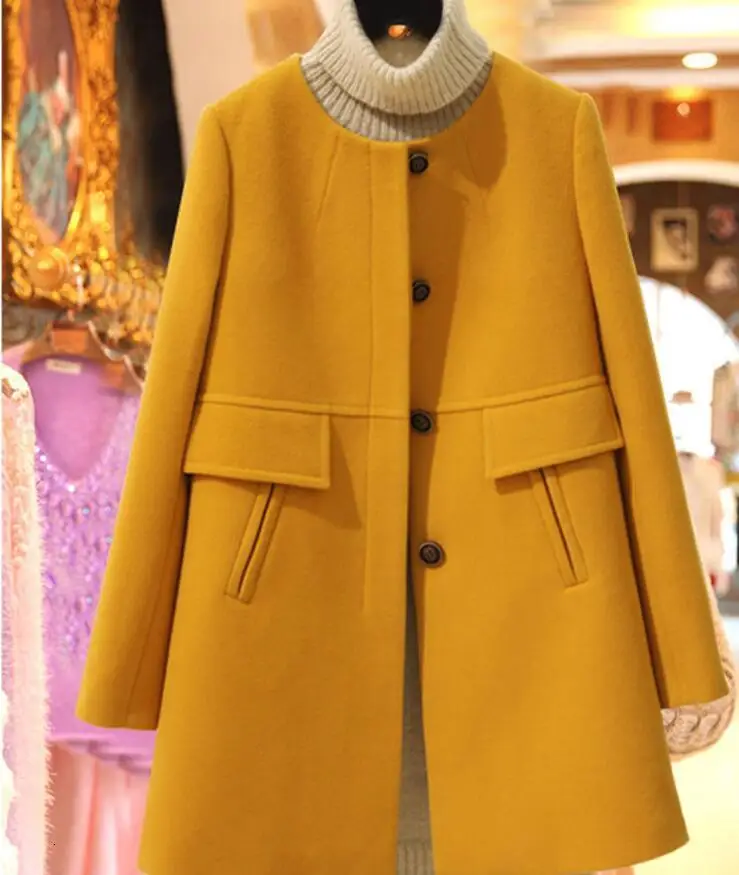 Fashion coats round neck long-sleeved single-breasted wool coat female autumn winter multi-color large size warm jacket outwear