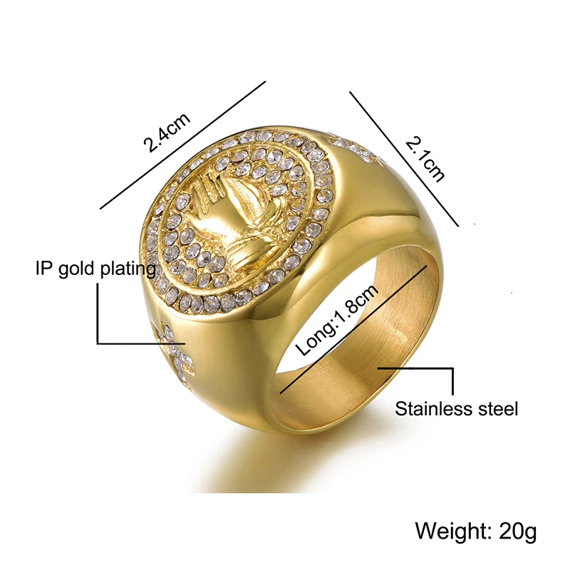 Хип хоп Bling Iced Out Кристалл золотого цвета крест молитвенная рука титановое кольцо из нержавеющей стали для мужчин ювелирные изделия
