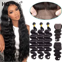 Brazilian Body Wave Bundles With Closure 38 40inch Human Hair Bundles With Closure 3 Bundles With 4x4 T Part Lace Closure Remy