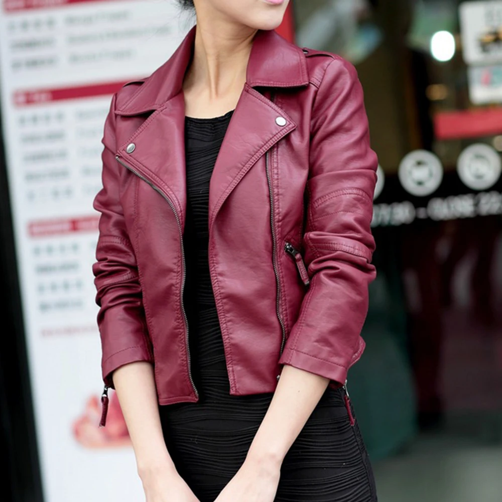 Cysincos Fashion Autumn Winter Zipper Motorcycle Jacket Women Short Faux Soft PU Leather Jacket Ladies Basic Street Coat