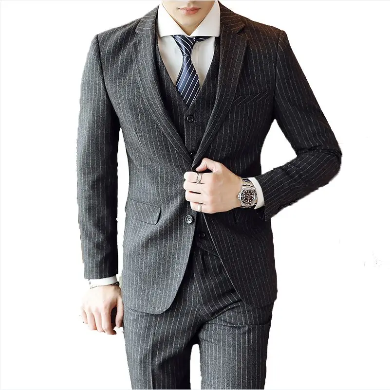 Блейзер+ жилет+ брюки) MOGU Модный мужской костюм в тонкую полоску серый повседневный мужской полосатый костюм однорядные застежки заостренный лацкан Костюм - Цвет: Серый