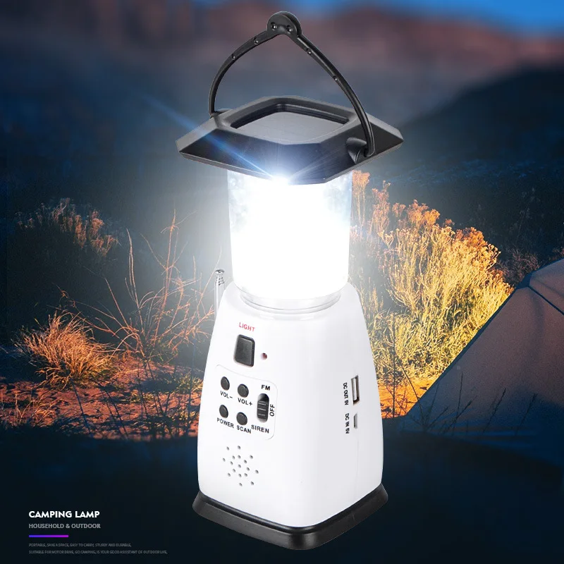 

Multi-Functional Powered Solar Crank LED Light Portable Outdoor Camping Tent Lamp with AM/FM Radio