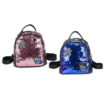

BEAU-2pcs Women Backpack School Bags for Girls Small Backpacks Female Travel Backpack Sequins School Backpacks - Blue & Pink