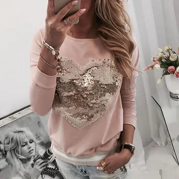 

Women Sequin Heart Long Sleeve Tshirts Spring 2020 New Fashion Lady O Neck Pink Loose Tops Tee Female Spain Style Tshirt