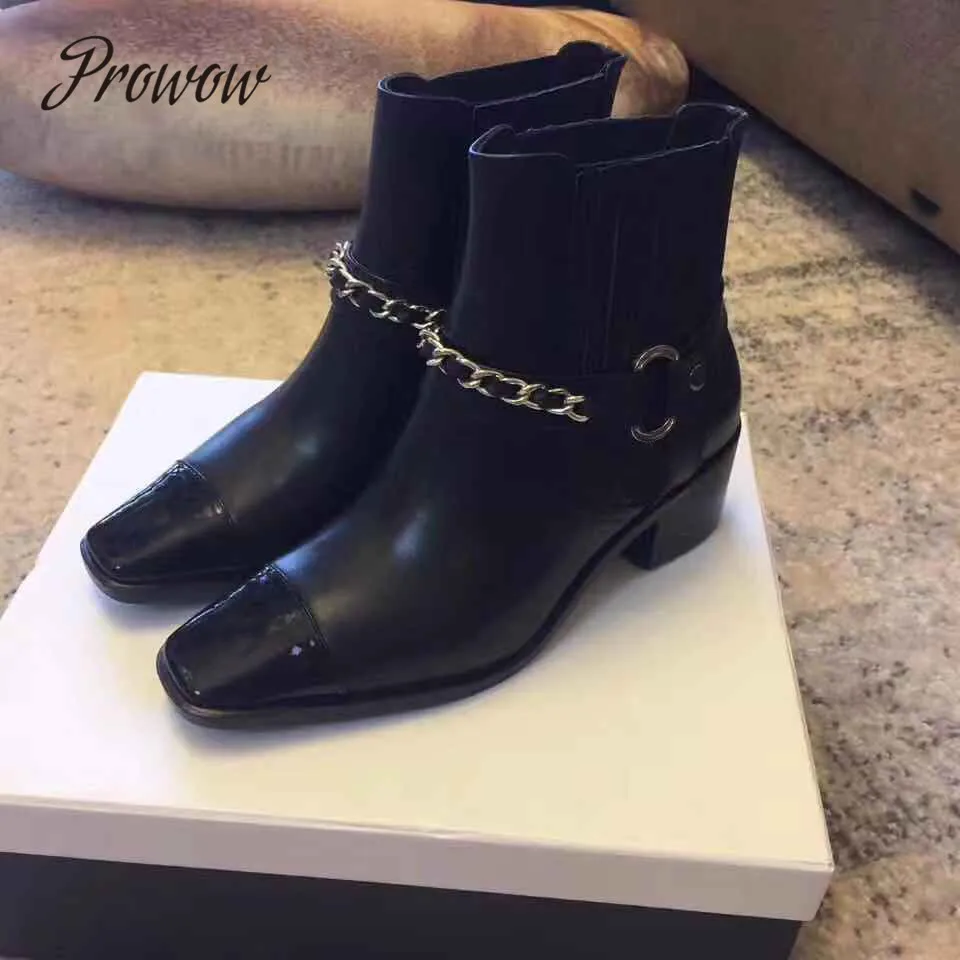 

Prowow New Runway Fashion Genuine Leather Metal Chain Ankle Boots Square Toe Zip Side Thick Heel Low Heel Autumn Winter Boots