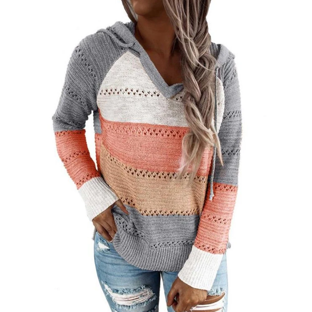 

HUNTER WISH Ladies Pullover Hollow Out Hooded Autumn Winter Sweater Striped Casual Loose Pullover Drawstring Outwear Knitwear