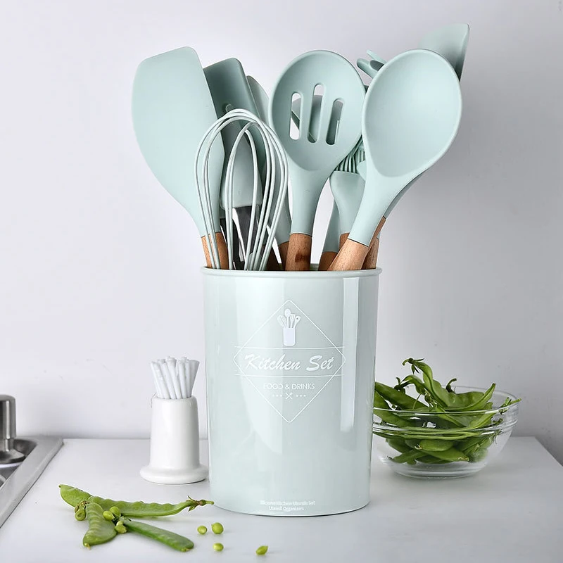 

Silicone Kitchen Cooking Utensil Set Wooden Handles Cooking Tool Turner Tongs Spatula Spoon Kitchen Gadget for Nonstick Cookware