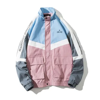 

2019 Autumn Fashion Bomber Jacket Men Loose Zipper Tracksuit Streetwear Patchwork Jacket Windbreake Outerwear couples Clothing
