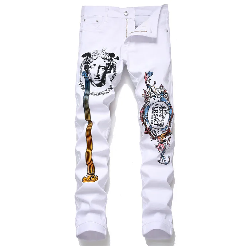 

Best Selling Printed Men's Sweatpants White Slim Stretch Straight Pencil Pants 2020 Autumn Men's Street Casual Pants Sweatpants