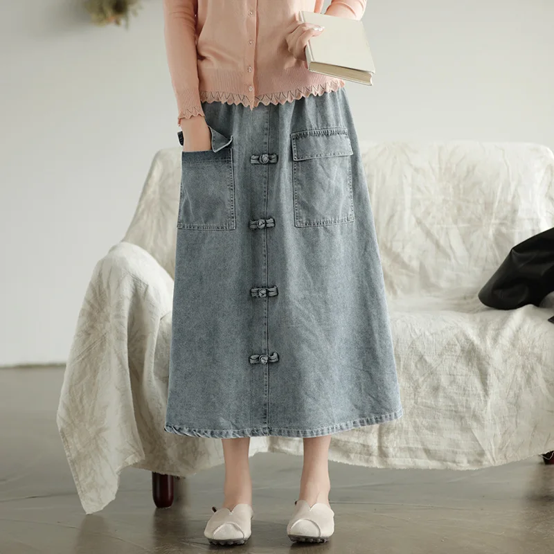 

Autumn and winter cotton retro art long skirt female denim buckle floral skirt female