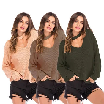 

Autumn Women Fashion Knitted Sweater Girl Deep V Neck Loose Large Size Solid Color Streetwear Tops Pullover Female Halter Hot