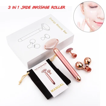 

3 In 1 Electric Jade Roller Slimming Face Massage Lifting Vibrating Natural Rose Quartz Jade Roller Stone Facial Beauty Tool