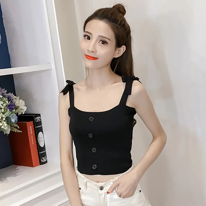 

Women Knit Camisole 2020 Lace-Up Bow Shoulder Strap Vest Retro Wild Button Crop Tops Sling Tank Top with Button