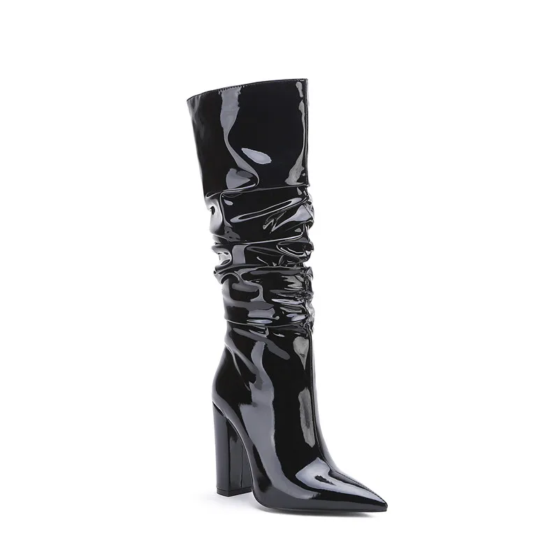 MoonMeek/большие размеры 34-45; модные ботинки до середины икры женские ботинки без застежки с острым носком осенне-зимние ботинки на высоком каблуке со складками - Цвет: blakc patent leather