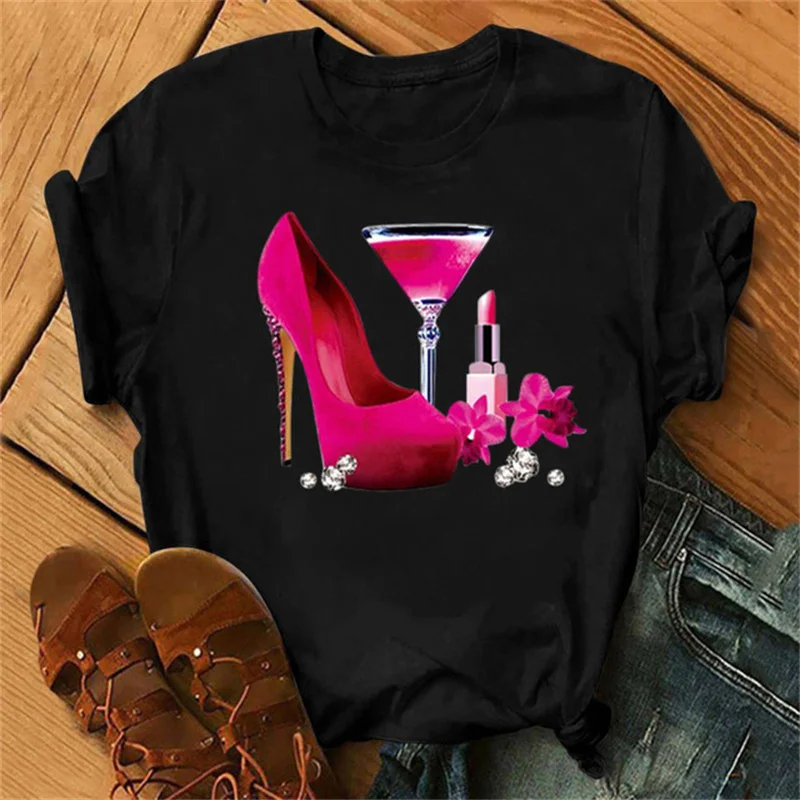 Maycaur T-Shirt Women Rose Gold Wine Glasses Print White and Black T-Shirt Summer Casual Loose Plus Size T Shirt Female Tops Tee cute summer crop tops