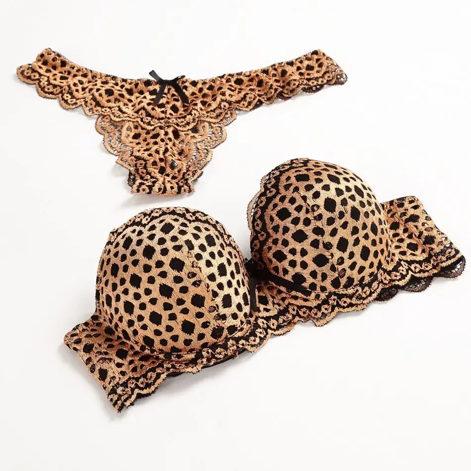 

Sexy Lace Leopard Red Blue T Back Bra Suit for Women , 3/4 Cup Thongs Underwear Brassiere Set , Women's Fashion Lingerie