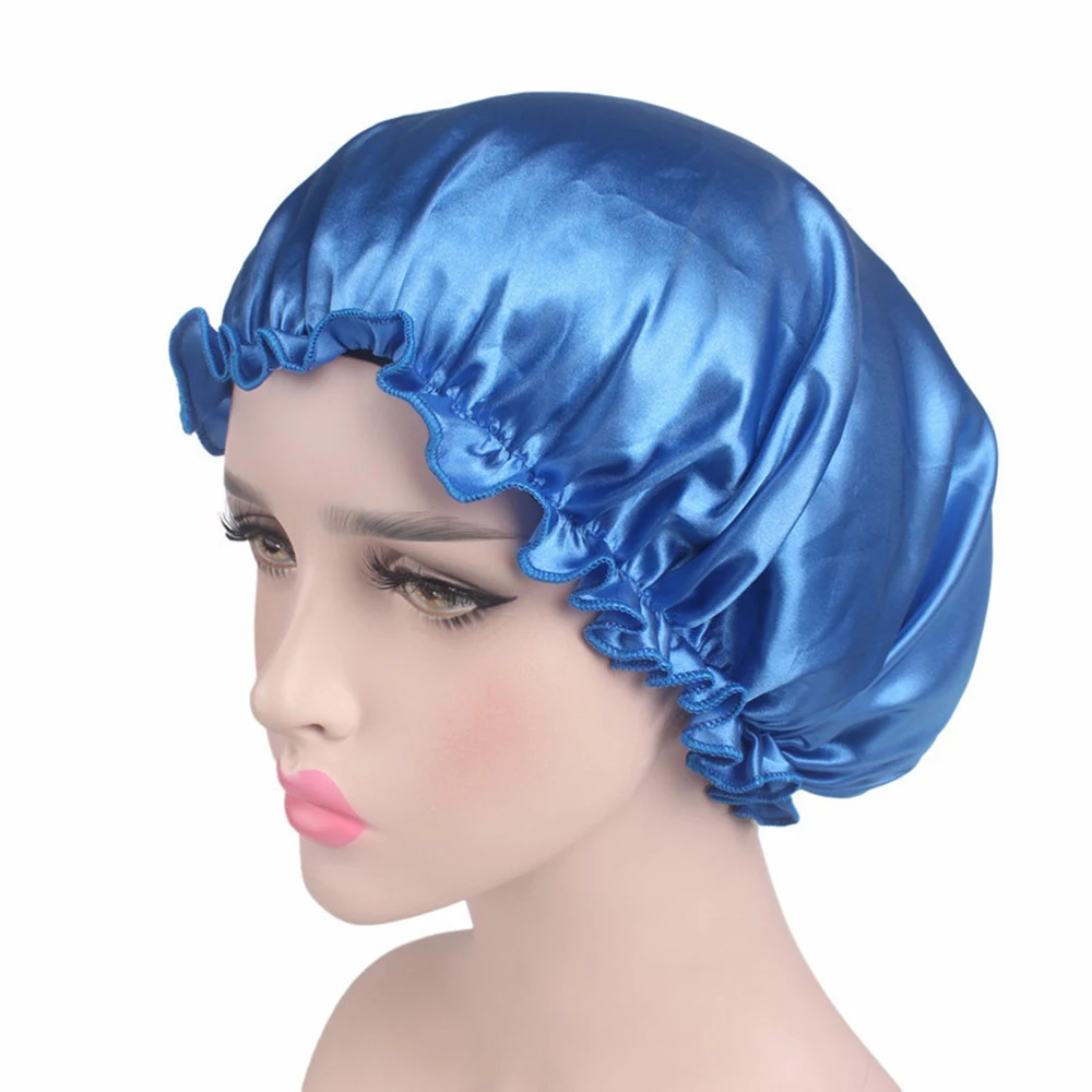 Мягкая Шелковая Женская атласная ночная шапочка для сна, шляпа для волос, шелковая шапочка для головы, широкая эластичная лента, шапочка для душа 58 см, 1 шт - Цвет: 03
