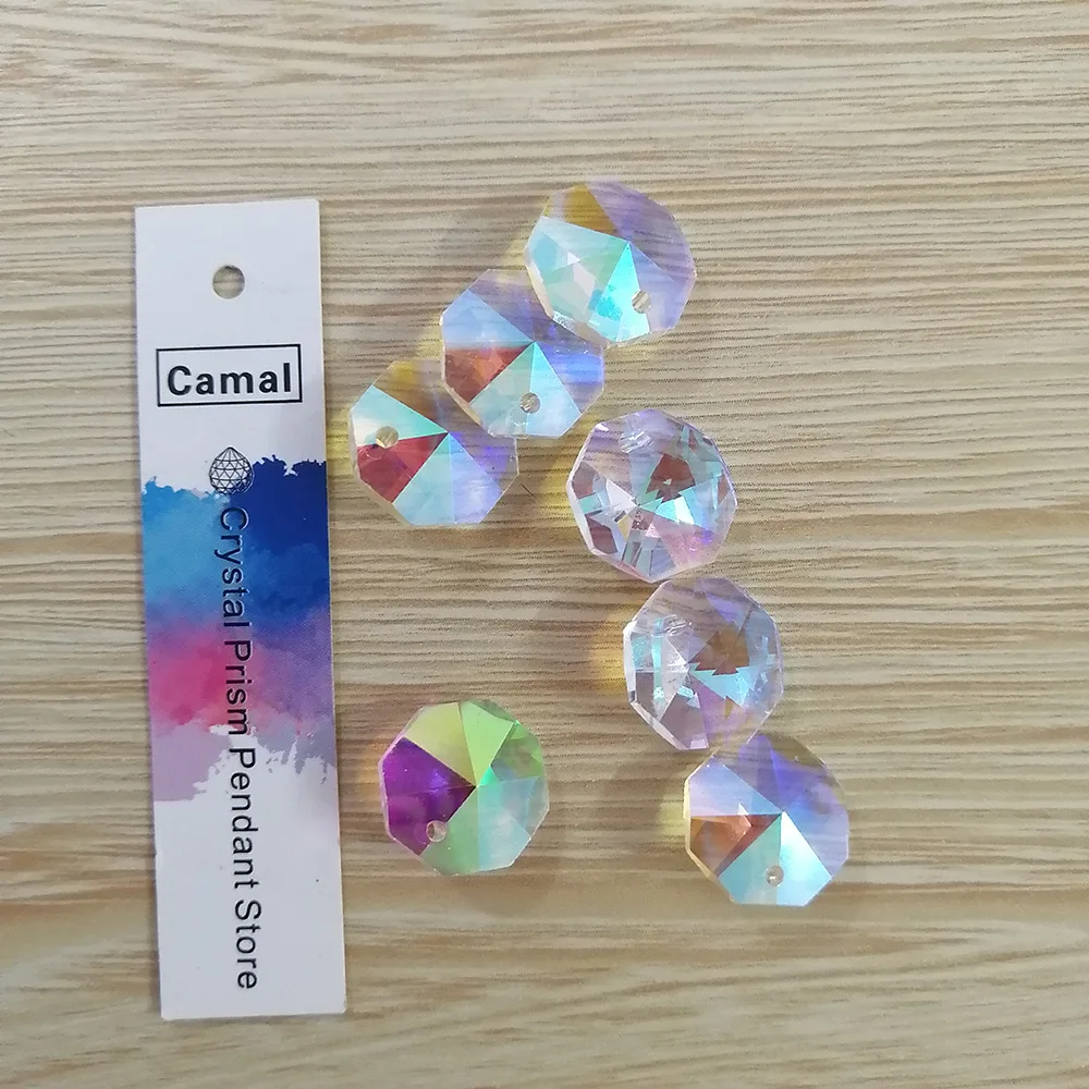 Camal 20pcs (One Hole) AB Color 14mm Crystal Octagonal Loose Bead Prisms Chandelier Lamp Parts Wedding Centerpiece Hanging DIY