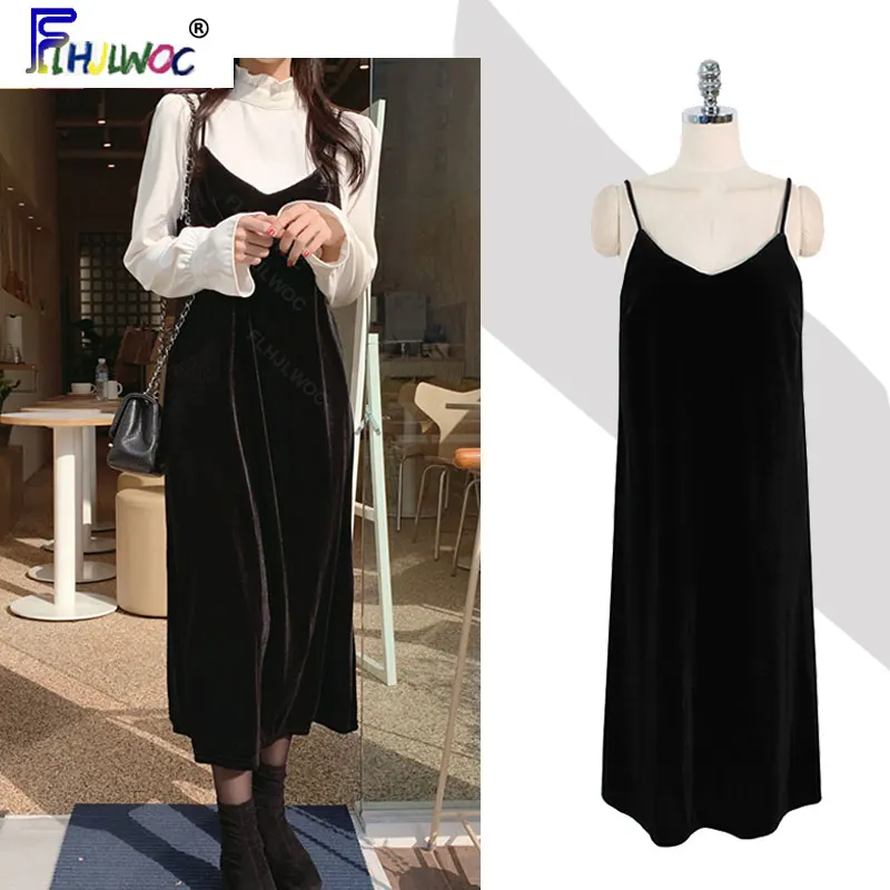2020 Autumn Winter Basic Long Black Dresses Birthday Party Date Dress Women Vintage Retro Flhjlwoc Korean Style Straped | Женская одежда