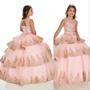 

Ball Gown Custom Flower Girl Dresses Jewel Neck Lace Appliques Crystal Beaded Tiered Little Kids Gowns Pageant Party Dress
