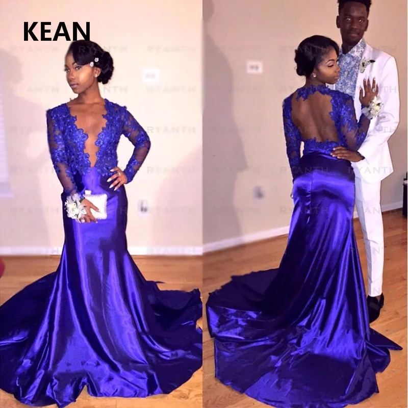 

Royal Blue Evening Dress Deep V-Neck Long Sleeve Mermaid Backless vestidos Islamic Dubai Kaftan Saudi Arabic Evening Prom Dress